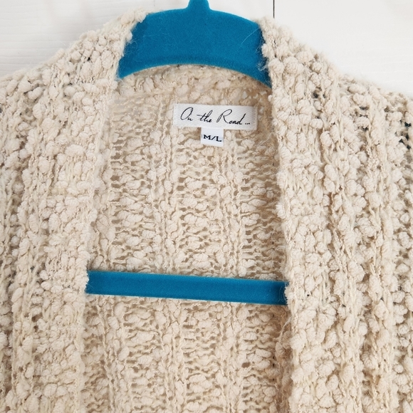 On the Road M/L Boho Open Cardigan Sweater Popcorn Knit made with Vegan Yarn - Picture 3 of 10